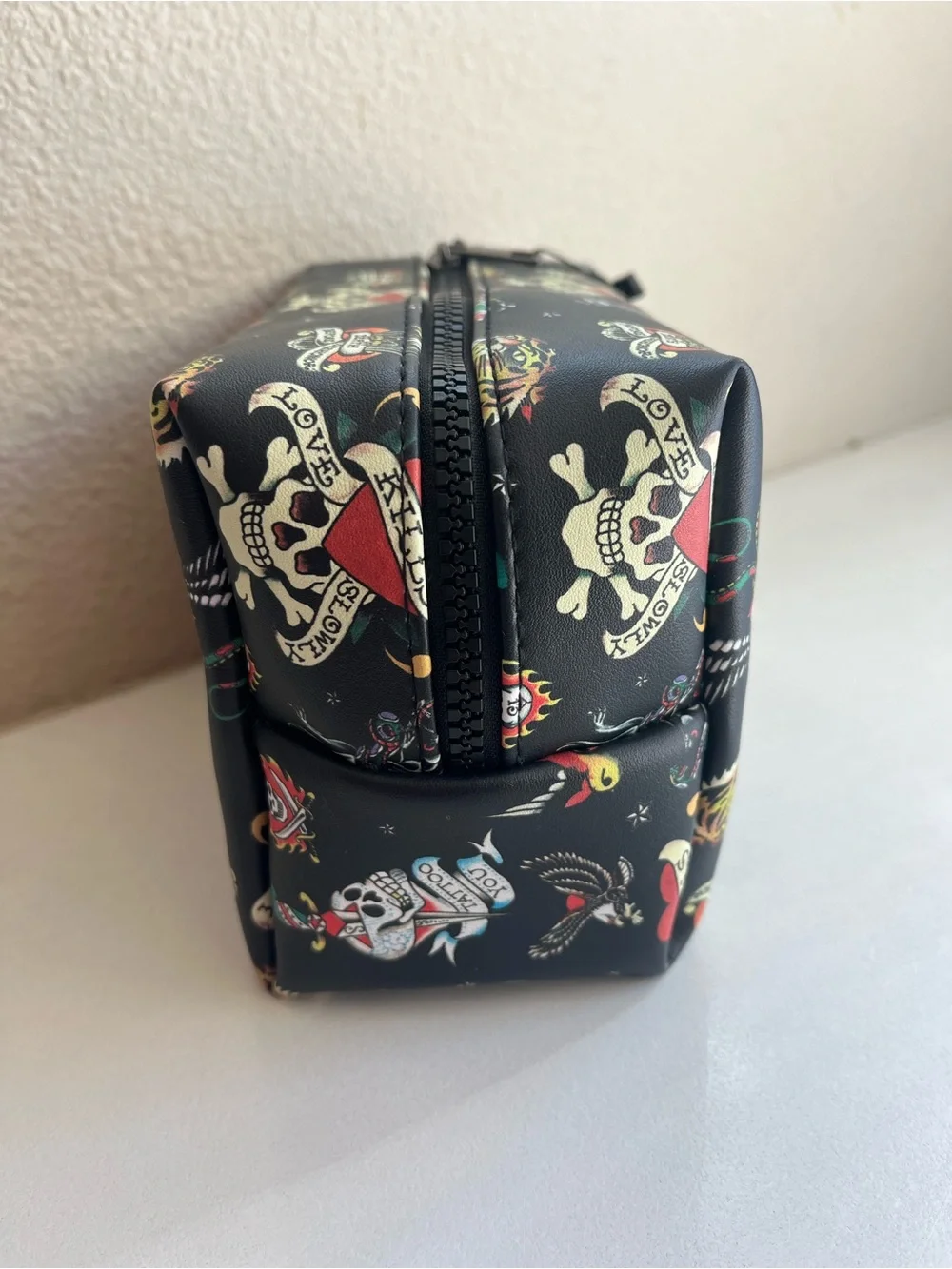 Ed Hardy Black Tattoo-Print Cosmetic Bag with Multicolor Motifs